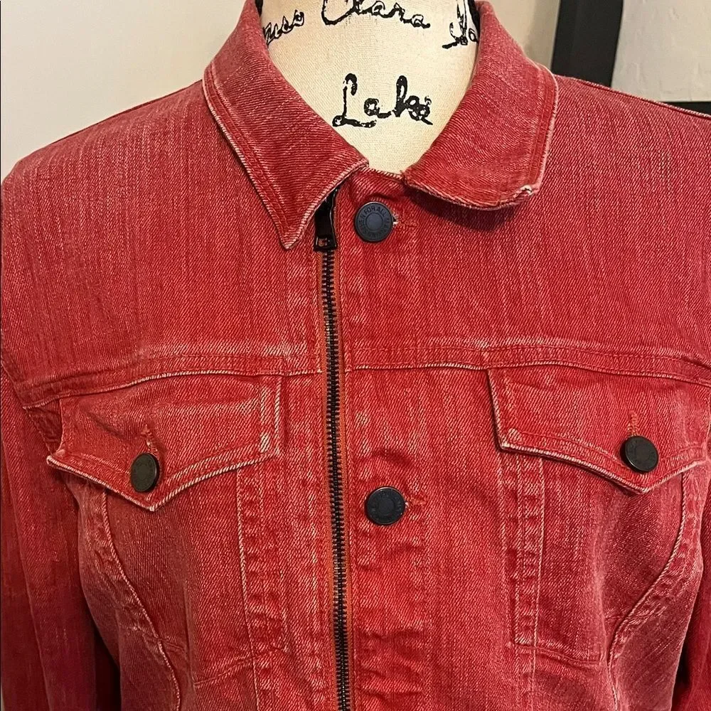 7 For All Mankind Red Distressed Denim Button Zip Closure Pockets Jacket Modern
